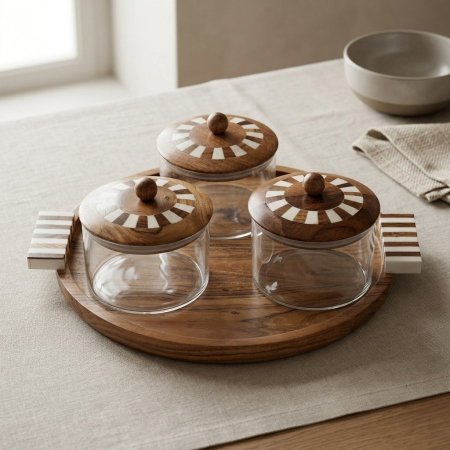 صينية تقديم خشبية دائرية مع ٣ علب زجاجية بأغطية خشبية